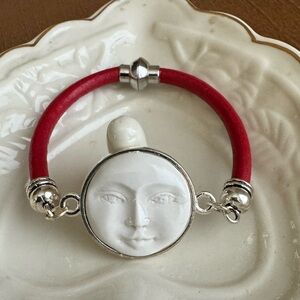 Moon Face Pendant Bracelet on Leather with Magnetic Clasp